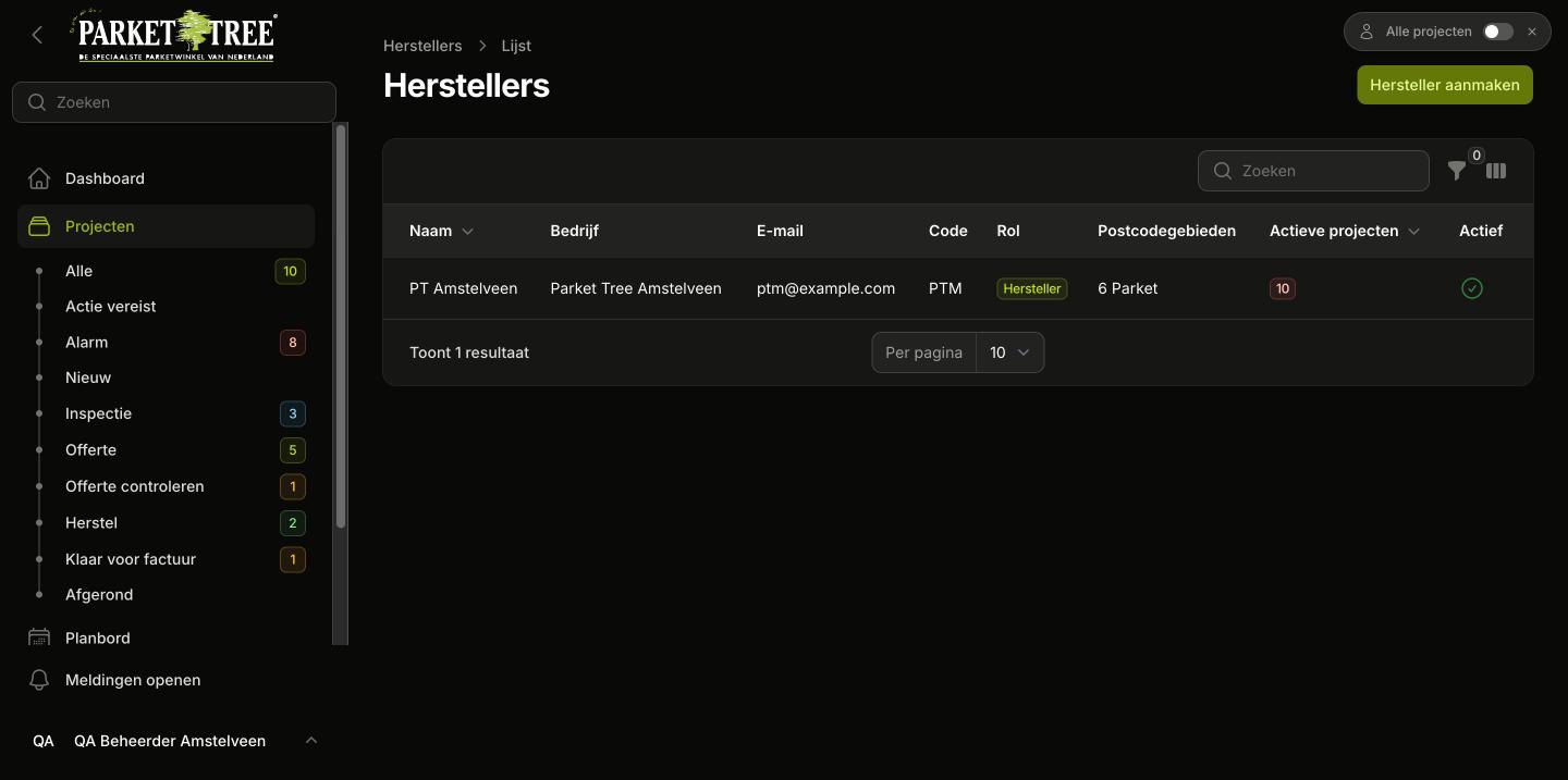 Herstellers-pagina met alleen eigen medewerkers en de knop Hersteller aanmaken